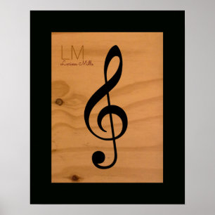 Poster note musicale, clef à trois sur bois, coutume