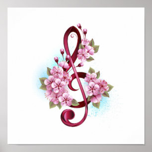Poster notes de clé de sol musicales avec fleurs de Sakur