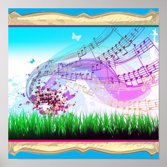 Poster Notes de musique avec papillons (Devant)