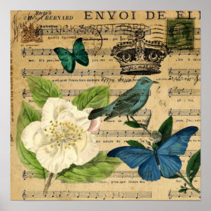 Poster notes de musique botanique moderne oiseau français
