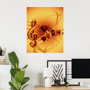 Poster Notes musicales Coeurs Clef Treble Gold & Red