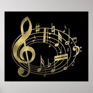 Poster Notes musicales d'or en forme ovale