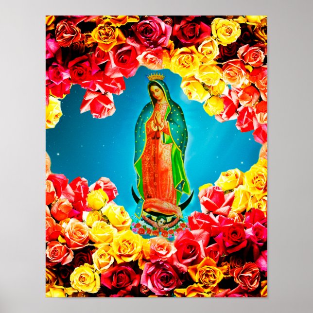 Poster Notre-Dame de Guadalupe Entourée de couleurs Roses (Devant)