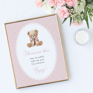 Poster Nounours en peluche, Nœud rose, Points roses, Bar 