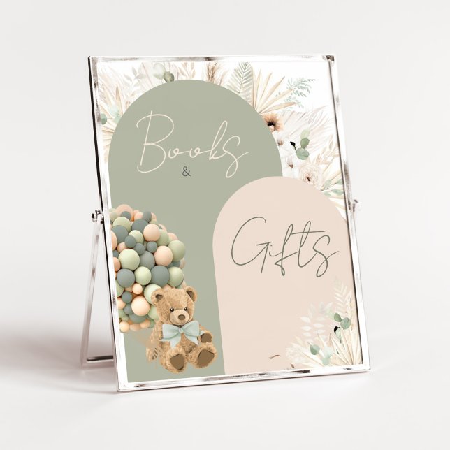 Poster Nous pouvons attendre des livres et des cadeaux ve (Green Boho Teddy Bear Baby Shower Books and Gifts Sign)