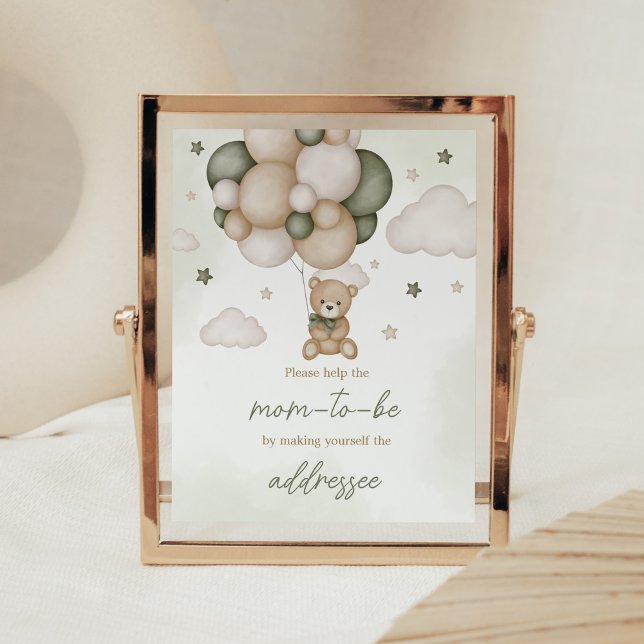 Poster Nous pouvons attendre la station d'enveloppe Boho  (Green Boho Teddy Bear Baby Shower Envelope Station Sign)