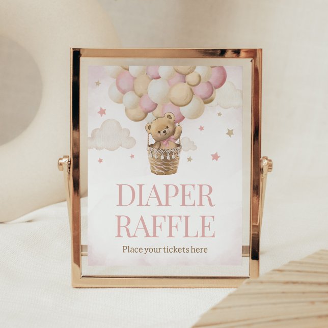 Poster Nous Pouvons Attendre Rapidement Le Raffin De L'Ou (Girl Teddy Bear Balloon Baby Shower Diaper Raffle Sign)