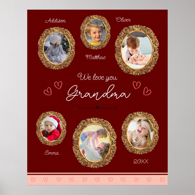 Poster Nous t'aimons Grand-mère Six Photo avec Texte Coeu (Devant)
