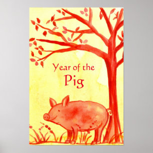 Poster Nouvel An chinois de la ferme de cochons rouge ani