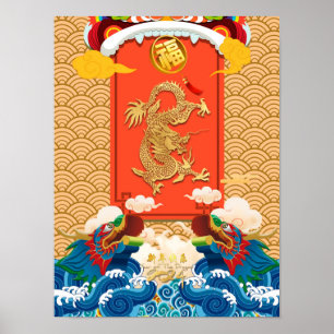 Poster Nouvel An chinois du Dragon 2024 Idéogramme de Fu 