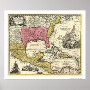 Poster Nouvelle carte 1712 de l'Espagne Amérique