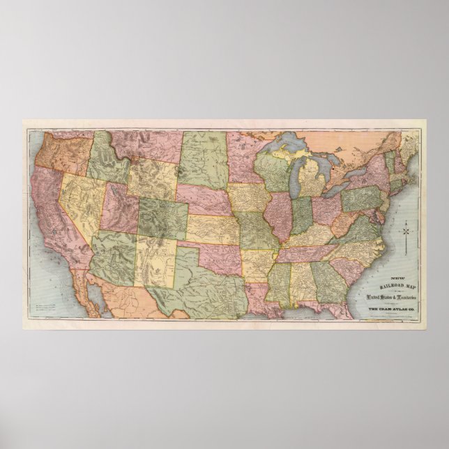 Poster Nouvelle carte ferroviaire des États-Unis (Devant)
