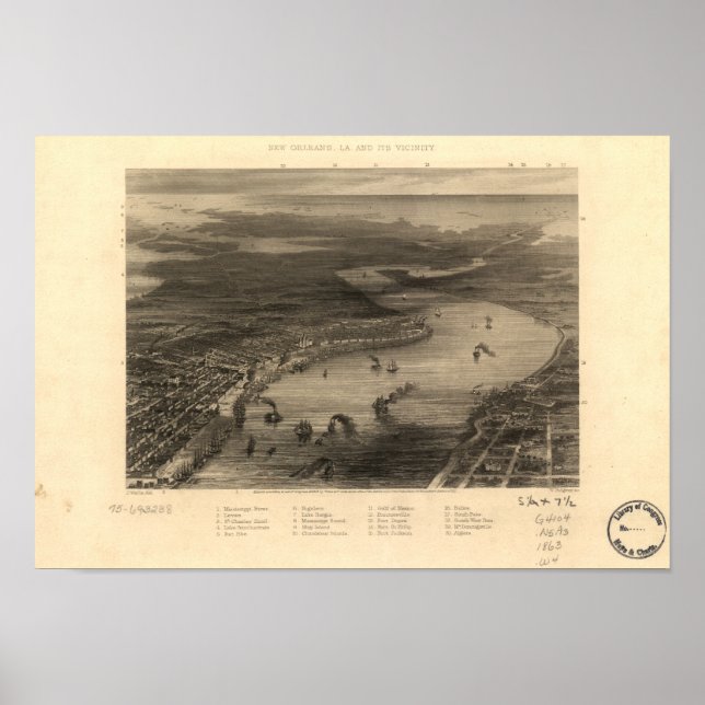Poster Nouvelle-Orléans Louisiane 1863 Carte panoramique (Devant)