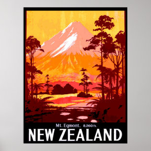 Poster Nouvelle-Zélande, Mont Egmont, voyage vintage