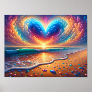 Poster Nuage de coeur arc-en-ciel sur la plage