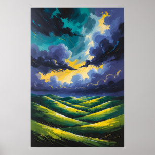 Poster Nuages orageux dramatiques sur des collines vertes