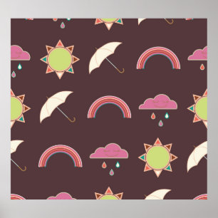 Poster Nuages, pluie, soleil, motif parapluie.