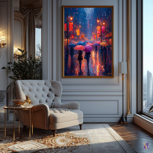Poster Nuit citadine pluvieuse avec parapluies dans l'imp