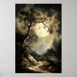 Poster Nuit de lune et d'étoiles dans la forêt, Dark Acad