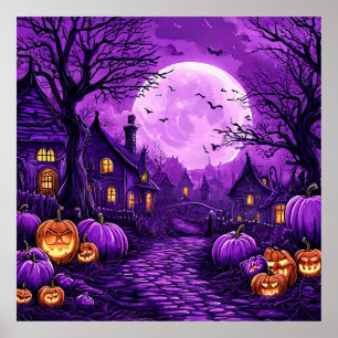 Poster Nuit effrayante d'Halloween avec des citrouilles l