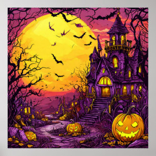 Poster Nuit effrayante d'Halloween avec des citrouilles l