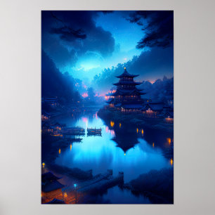 Poster Nuit Lune, Ville Japonaise Historique