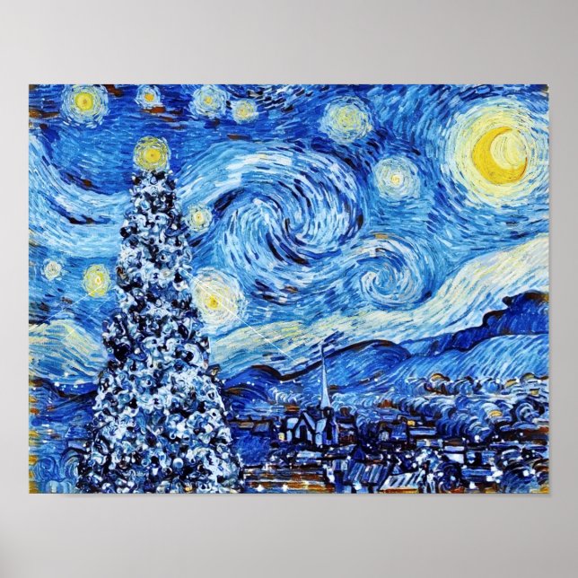 Poster Nuit Van Gogh Starry - Arbre de Noël blanc (Devant)