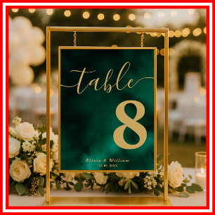 Poster Numéro de table de mariage vert émeraude et or