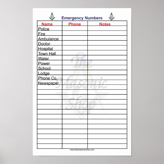 Poster Numéro de téléphone d'urgence maçonnique (Devant)
