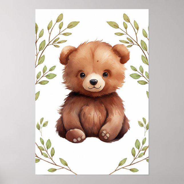 Poster Nurserie Animaux de la Forêt Ours Verdure (Devant)