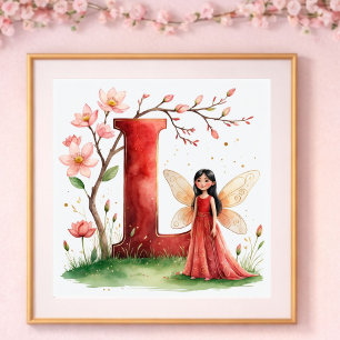 Poster Nurserie de bébé fille Lettre L Fée Floral
