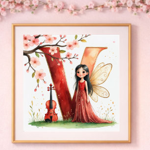 Poster Nurserie de Bébé Fille Lettre V Fée Floral