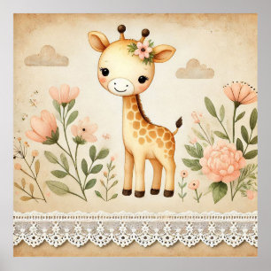 Poster Nurserie de bébé girafe florale
