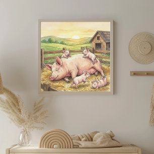 Poster Nurserie de Maman Cochon et Cochonneaux