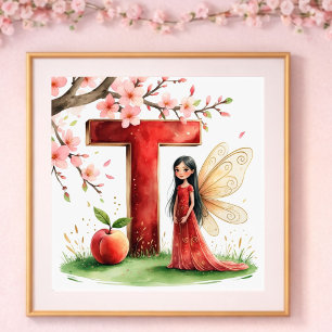 Poster Nurserie Lettre T Fée Florale pour Bébé Fille