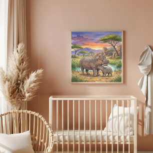 Poster Nurserie Maman Hippopotame et Petit