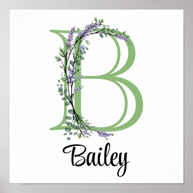 Poster Nurserie Monogramme B Lavande Eucalyptus  (Devant)