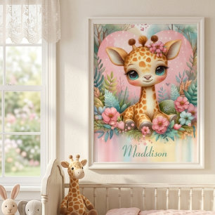 Poster Nurserie personnalisée avec le nom de bébé girafe