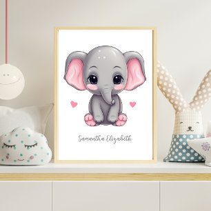 Poster Nurserie personnalisée pour bébé fille éléphant ro