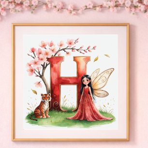 Poster Nurserie pour Bébé Fille Lettre H Fée Floral