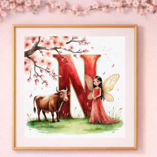 Poster Nurserie pour Bébé Fille Lettre N Fée Floral