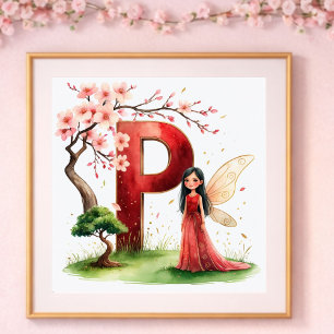 Poster Nurserie pour Bébé Fille Lettre P Fée Floral