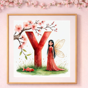 Poster Nurserie pour Bébé Fille Lettre Y Fée Floral