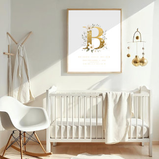 Poster Nursery Cute Romantic Floral B Letter Gold Effect