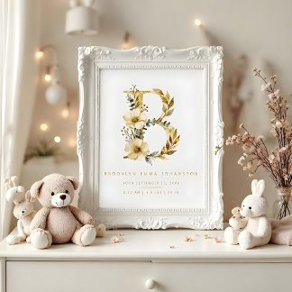 Póster Nursery Cute Romantic Floral B Letter Gold Poster