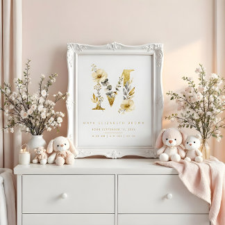 Poster Nursery Cute Romantic Floral M Letter Gold Effect