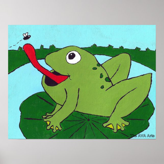 Poster Nursery Decor, Frog catching fly, Hand Drawn (Devant)