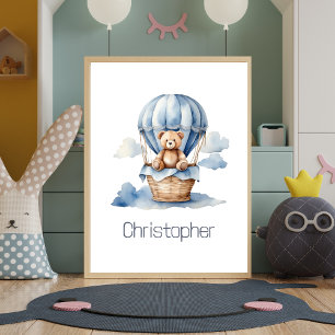 Poster Nursery Ours en Peluche Montgolfière Bleue Bébé Ga