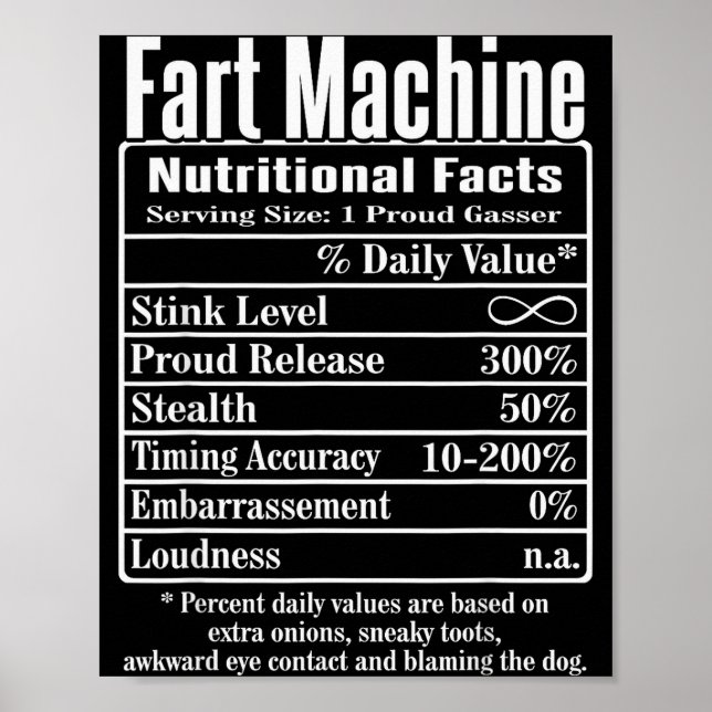 Poster Nutrion Facts Fart Machine Dad Jokes Funny Farting (Devant)