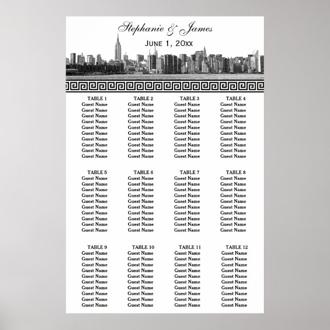 Poster NYC large Skyline Etted BW Black Greek Key S (Devant)